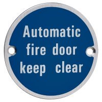 Automatic Fire Door Keep Clear Door Sign - 75mm Diameter - Satin Aluminium