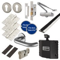 Light Duty Euro Lock Door Handle on Rose Fire Door Kit & Dorgard Holder - Power Size 3 - Silver