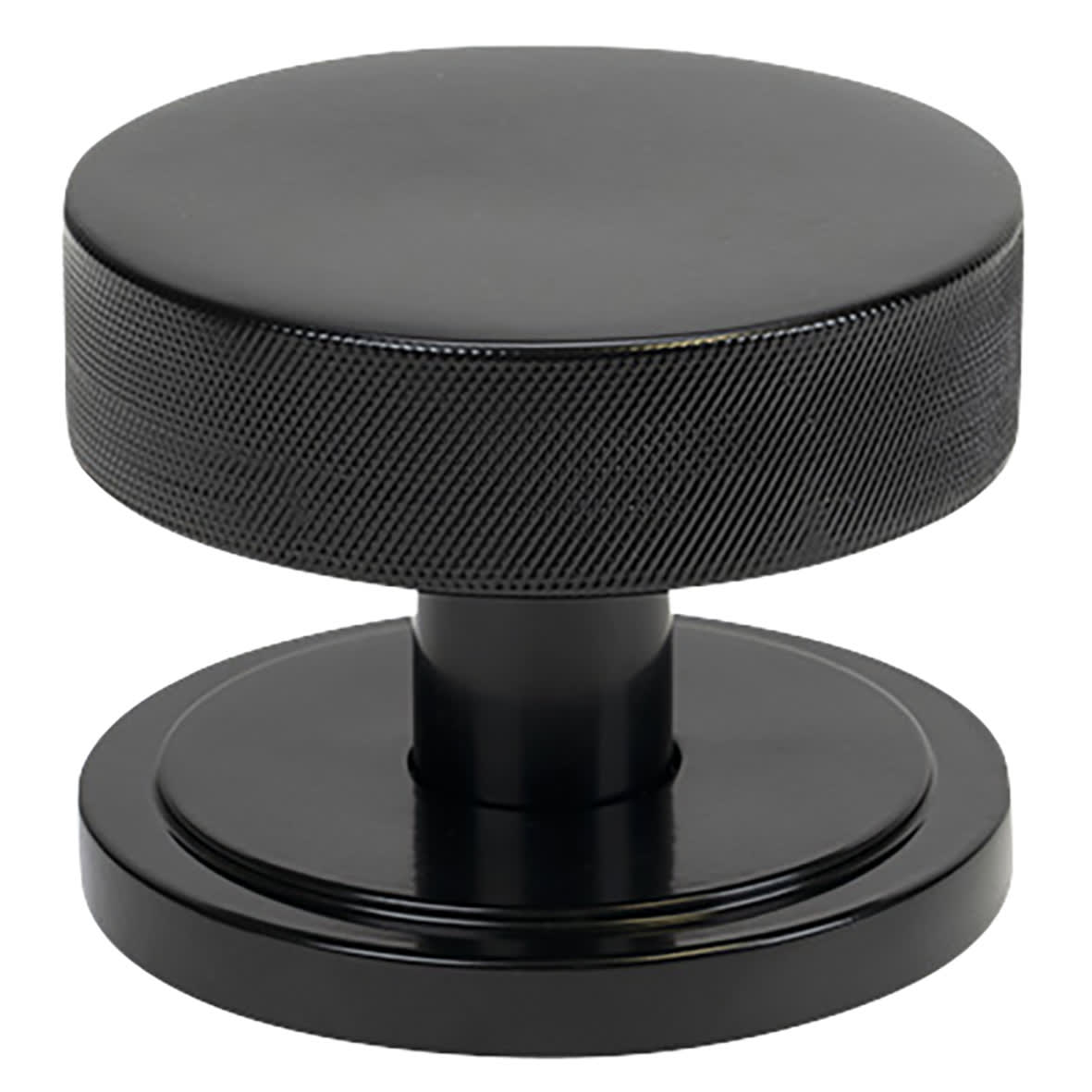 Brompton Black Round Knurled Centre Door Knob on Art Deco Rose - 90mm Rose Diameter