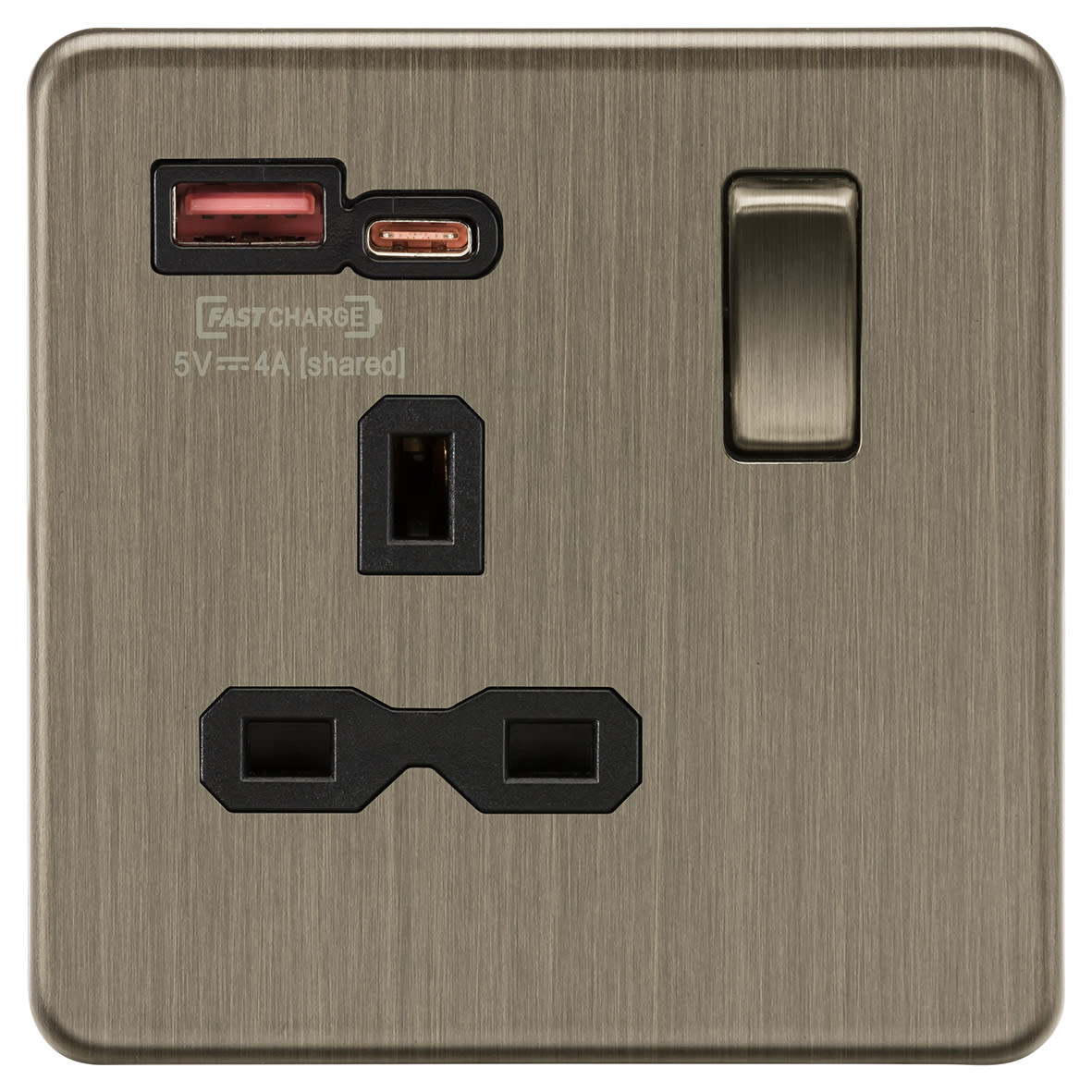 13A 1 Gang SP Type A/C Fastcharge USB Socket with 2 x USB - 4A - Antique Brass/Black