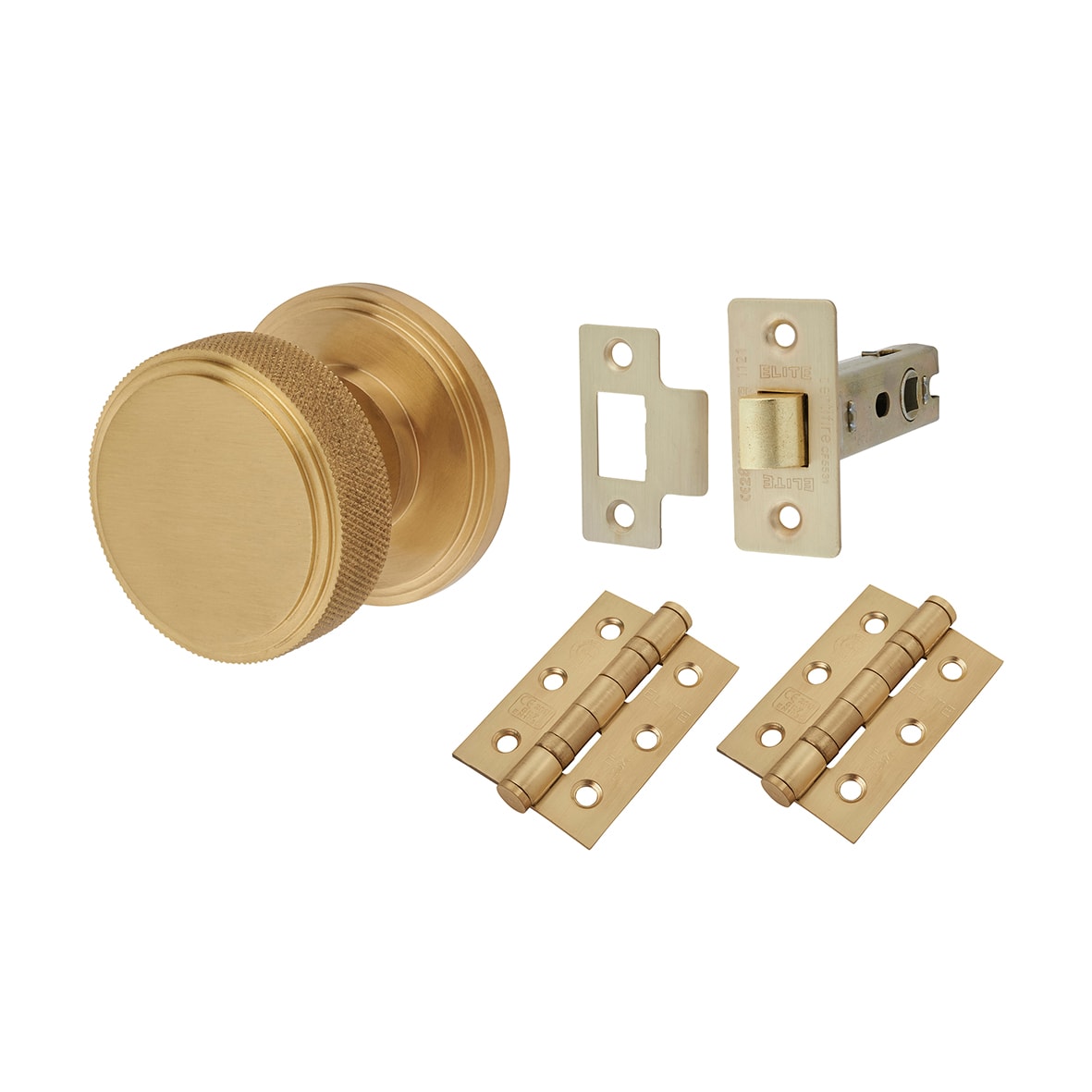 Satin Brass Knurled Mortice Door Knobs Pack - 62mm Rose Diameter - Riley Range