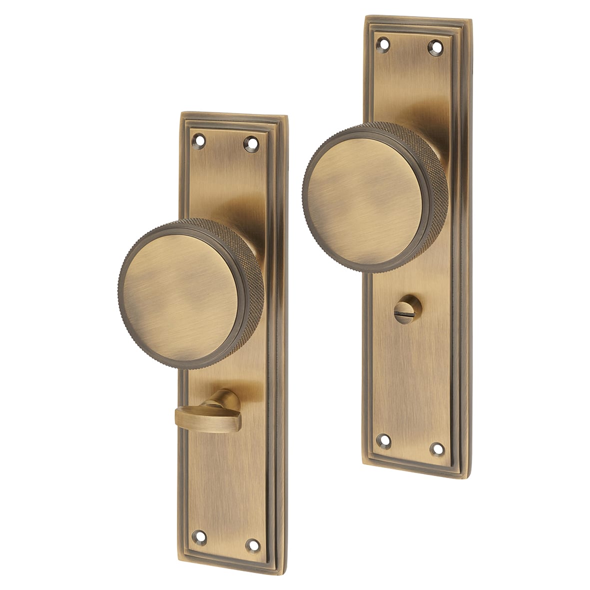 Antique Brass Knurled Bathroom Mortice Door Knob on Backplate - 205 x 52mm - Miller Range