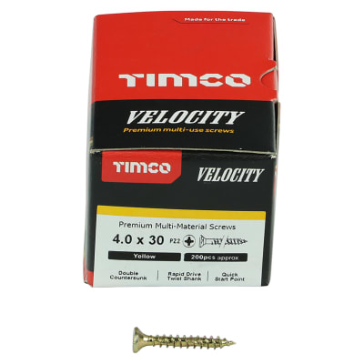 Velocity Pozi Countersunk Wood Screws - 4.0 x 30mm - Yellow Zinc - Pack of 200
