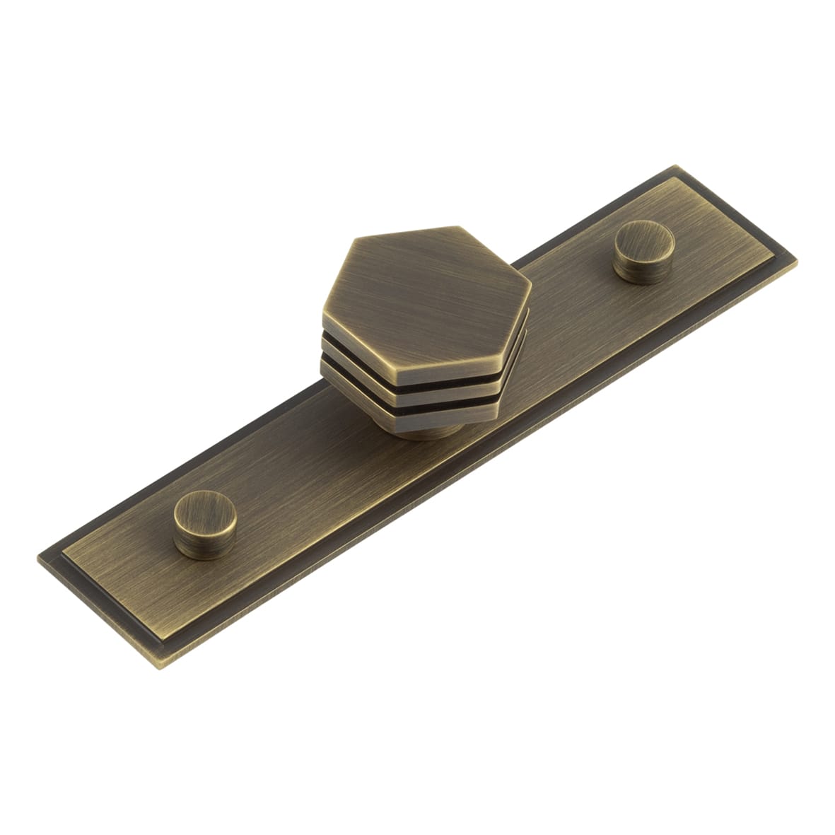 Nile Hex Cabinet Knob on Stepped Backplate - 30mm Diameter - Antique Brass