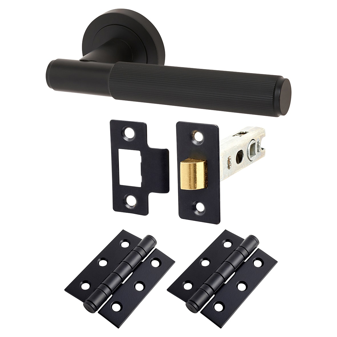 Matt Black Lines Latch Door Handles on Rose Pack - Nova Range