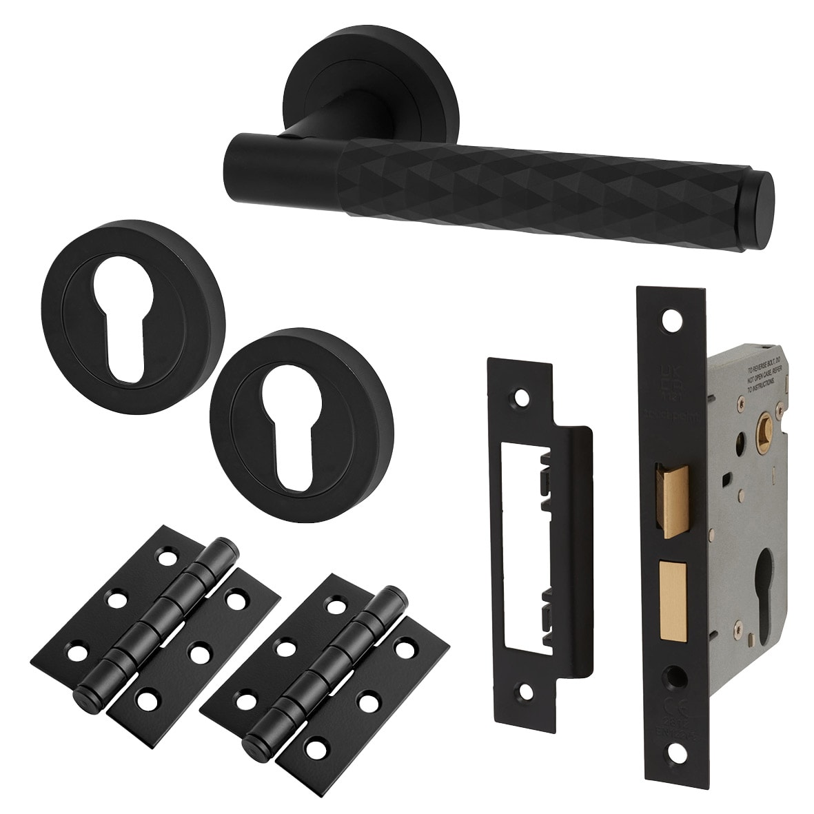 Matt Black Diamond Euro Lock Door Handles on Rose Pack - Luna Range