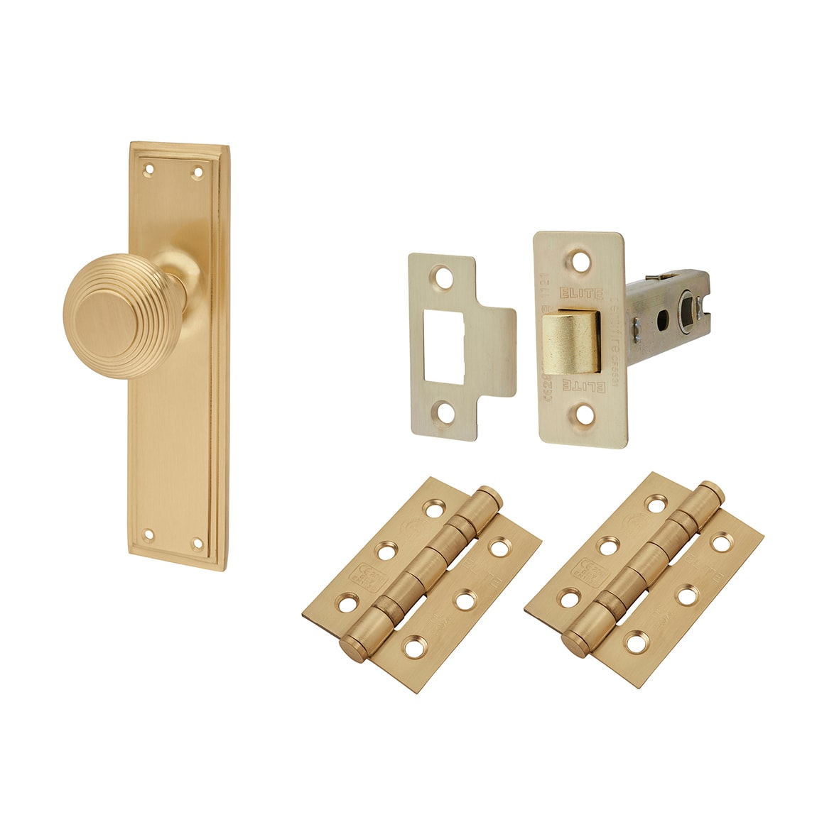 Satin Brass Reeded Mortice Door Knobs on Backplate Pack - Miller Range - 205 x 52mm
