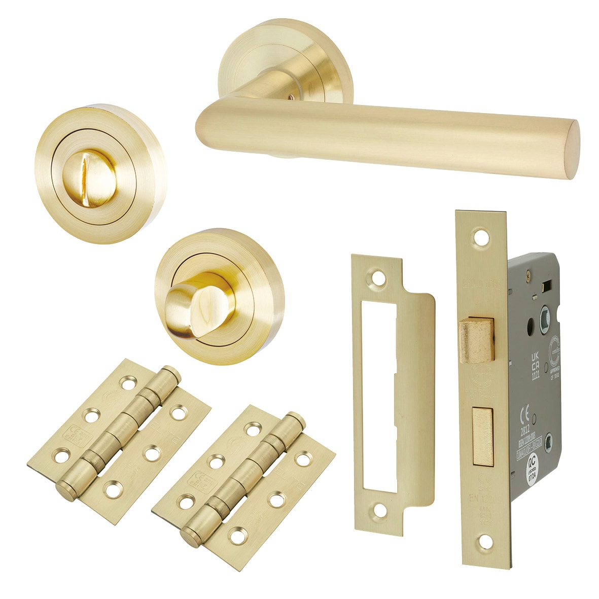 Satin Brass Bathroom Lock Door Handles on Rose Pack - Emily Range