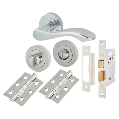 Polished Chrome Scroll Bathroom Lock Door Handles on Rose Pack - Scarlett Range
