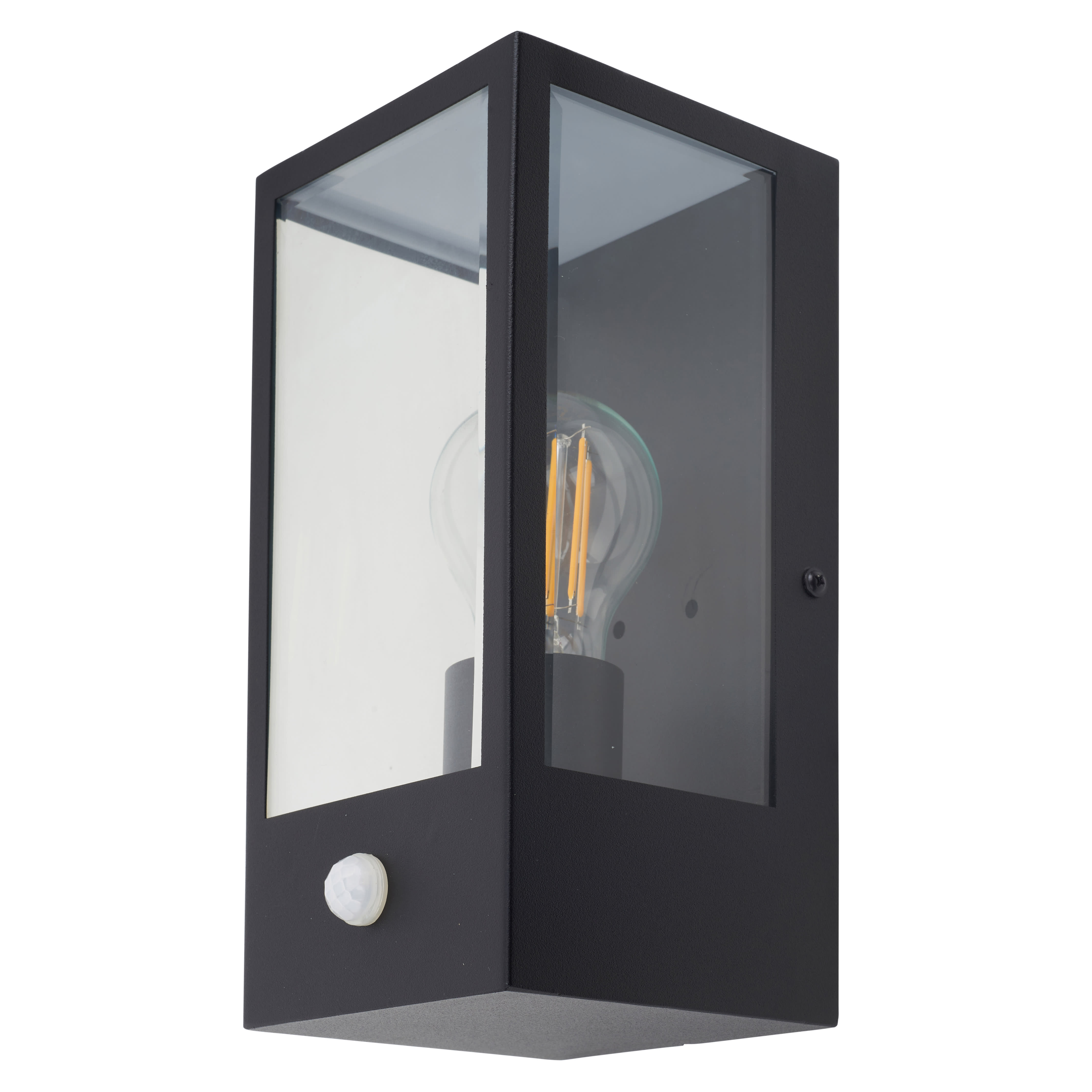 Glass Panel Outdoor Wall Lantern Light with PIR - - Matt Black