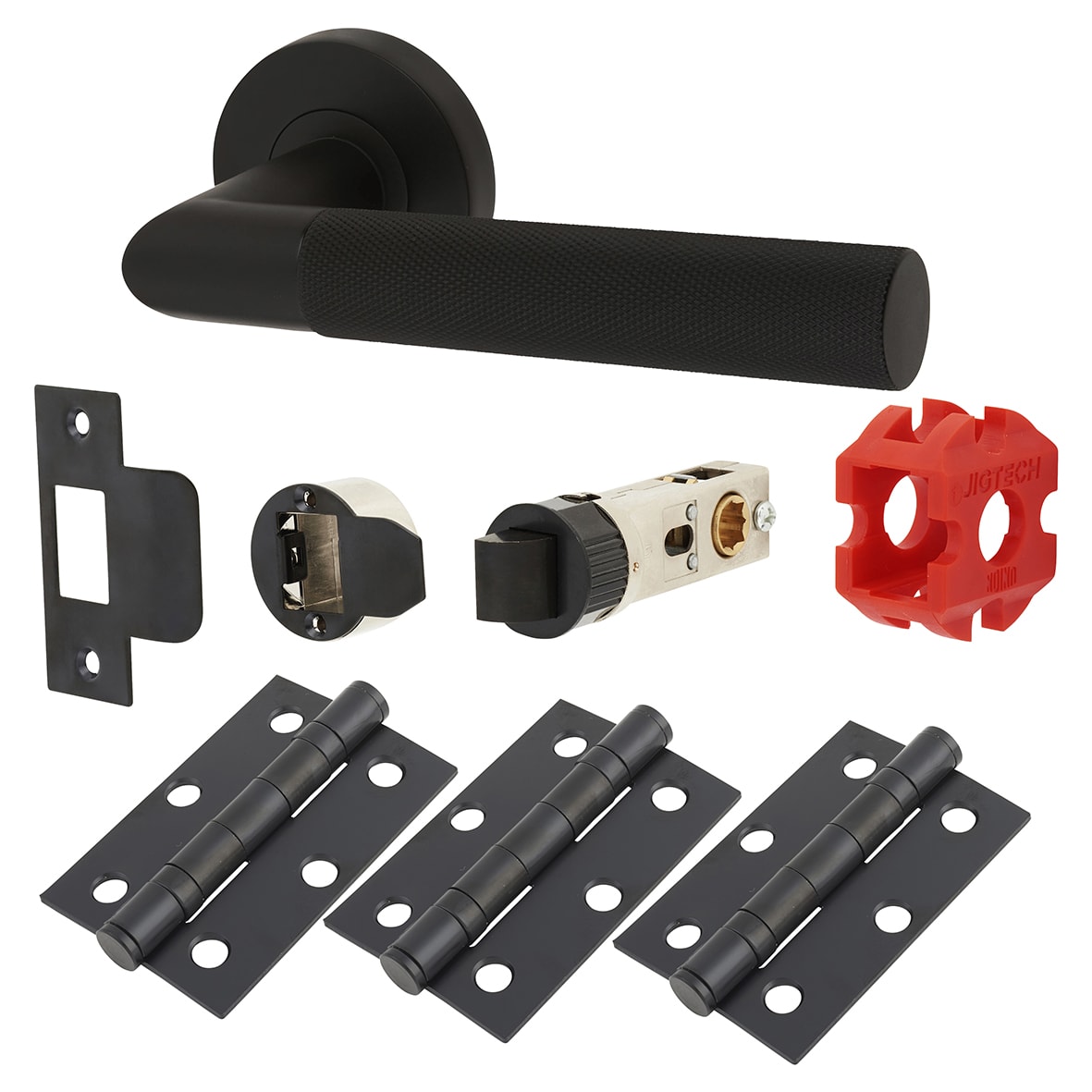 Matt Black Knurled Latch Door Handles on Rose Pack - Passage - Tactil Range