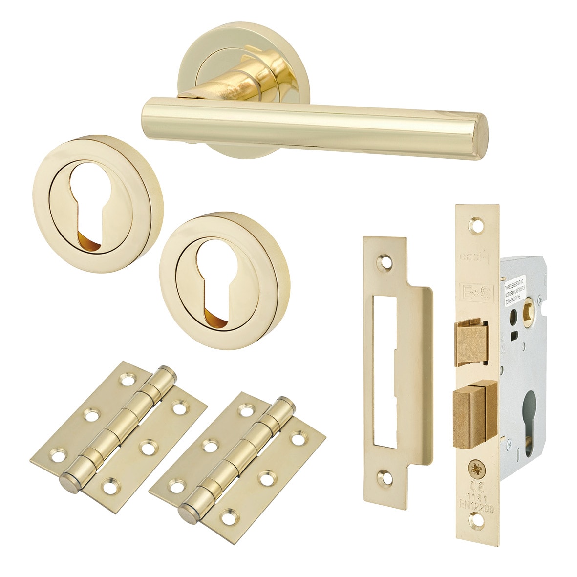 Polished Brass Euro Lock Door Handles on Rose Pack - Ella Range