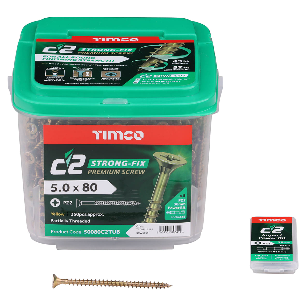 C2 Strong-Fix Pozi Double Countersunk Twin-Cut Wood Screws Tub - 5.0 x 80mm - Pack of 350