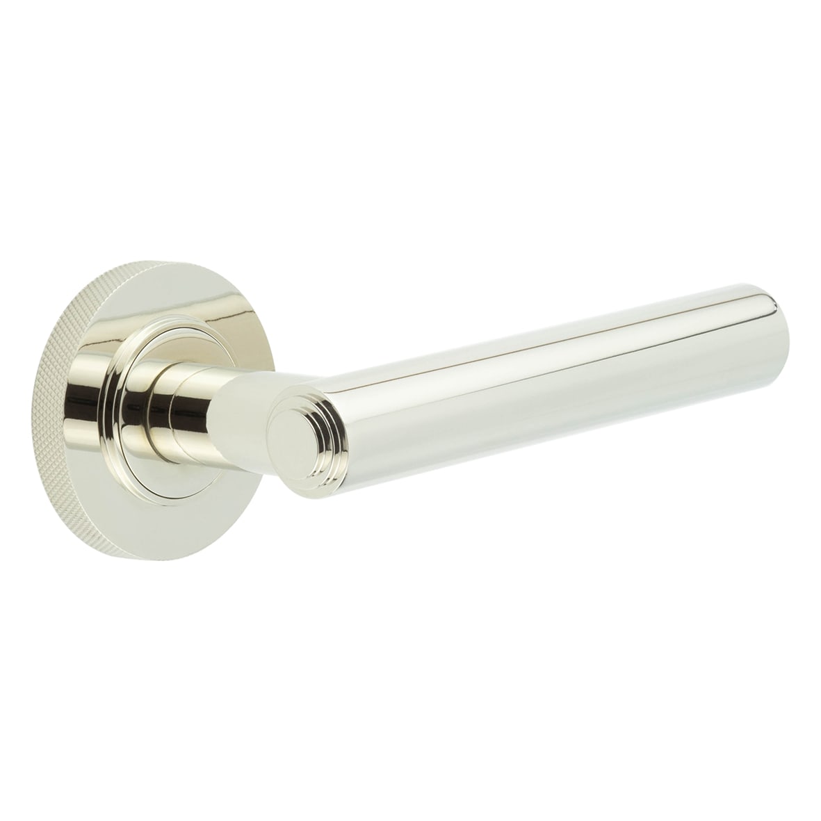 Polished Nickel Fire Rated Door Handles on Round Knurled Rose - Richmond Range