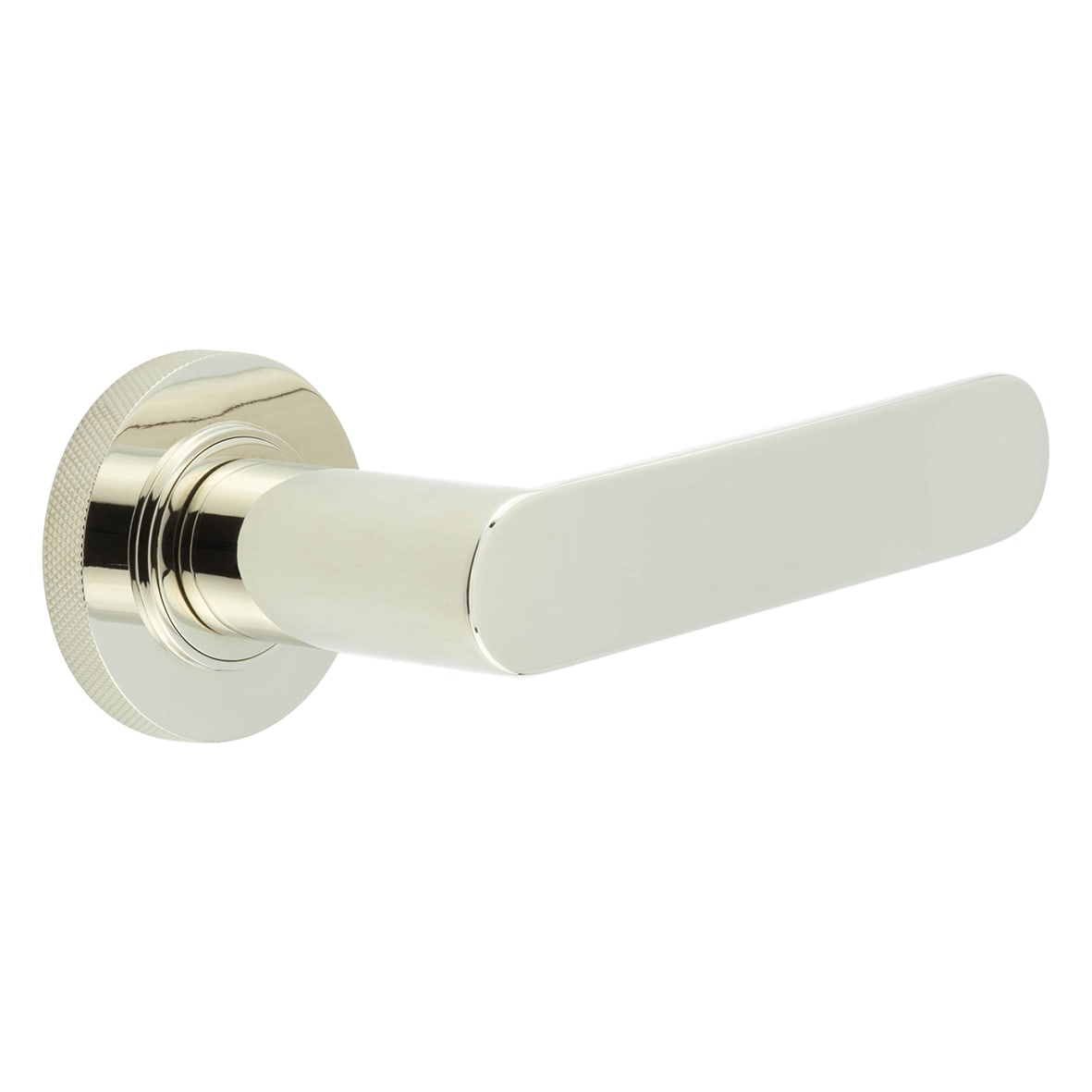 Polished Nickel Fire Rated Door Handles on Round Knurled Rose - Kensington Range