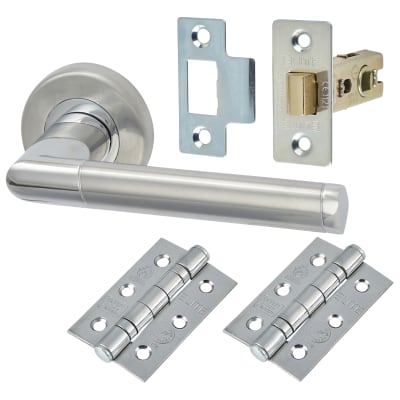 Satin/Polished Chrome Latch Door Handles on Rose Pack - Mercury Range
