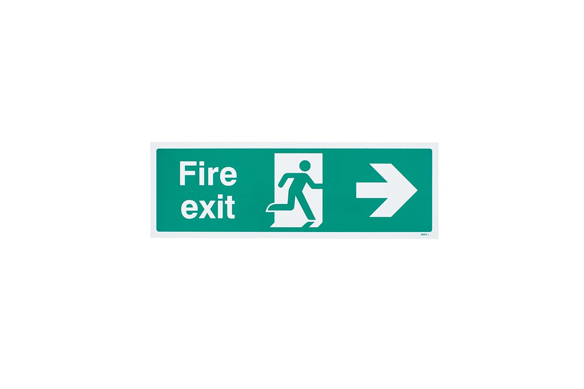 Fire Exit Running Man Right Arrow Sign - 450 x 150mm - Rigid Plastic