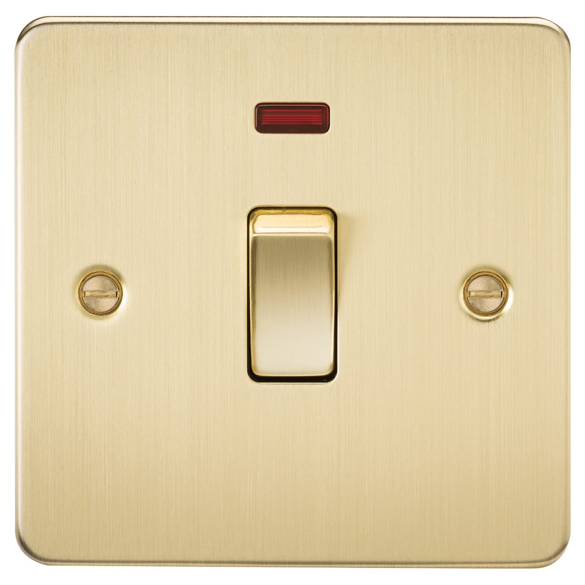 20A 1 Gang Flat Plate Double Pole Appliance Switch with Neon - Brushed Brass