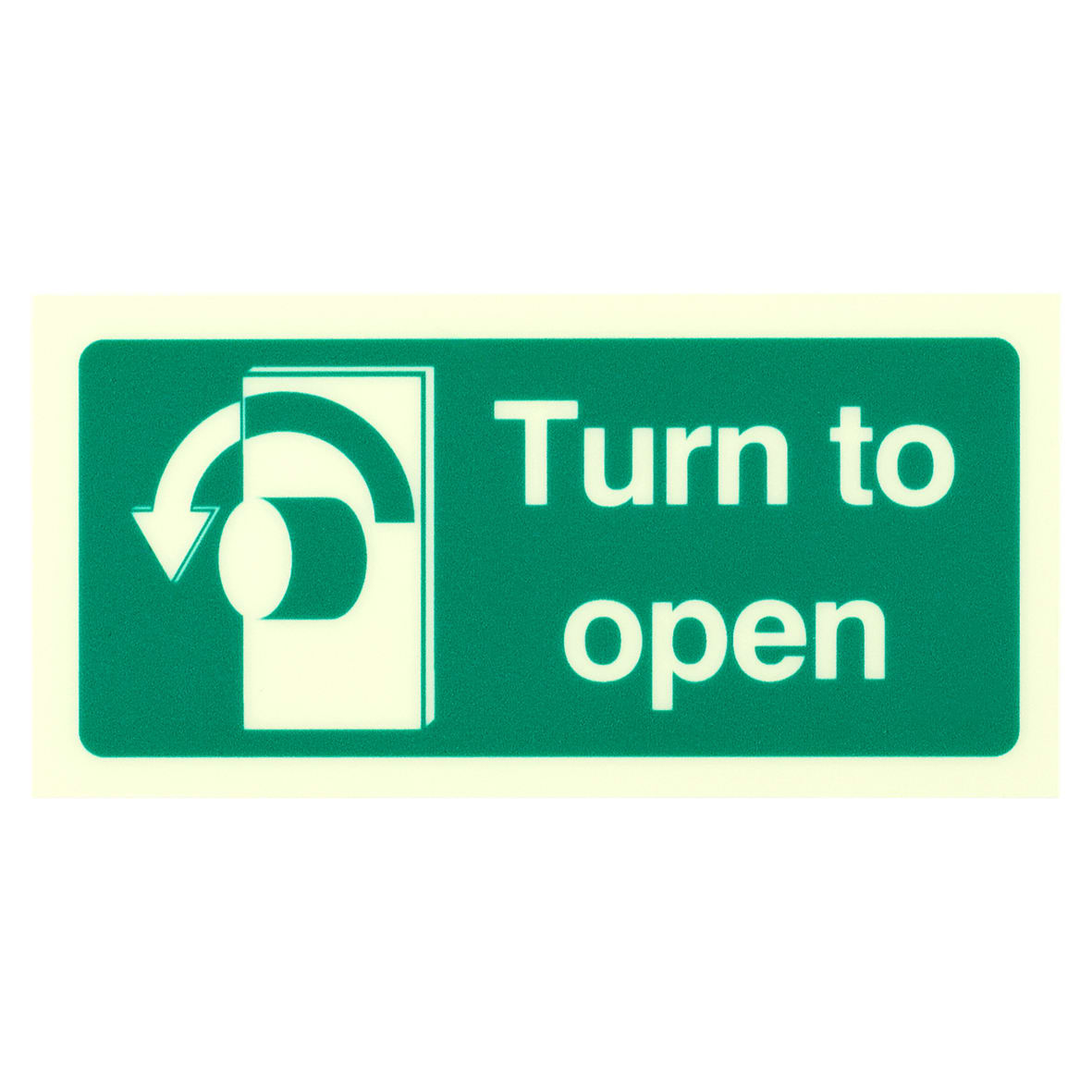 Photoluminescent Turn to Open Anti Clockwise Sign - 100 x 50mm - Rigid Plastic