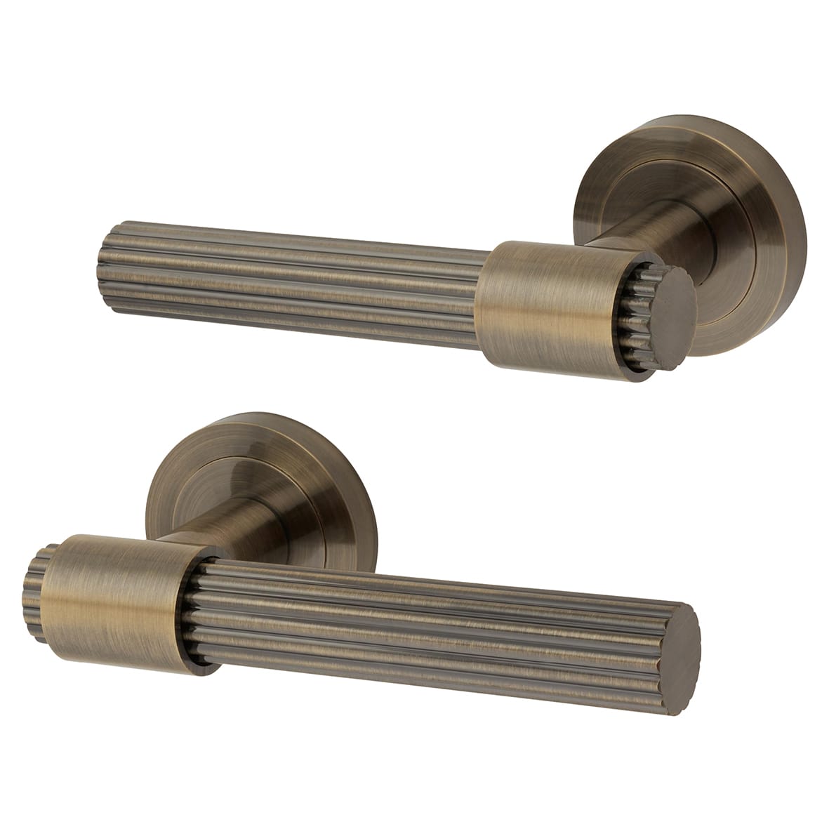 Antique Brass Lines Door Handles on Round Rose - Eva Range