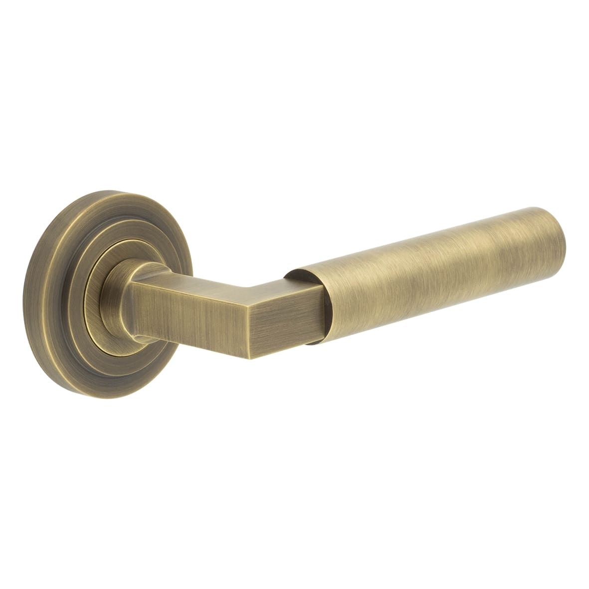 Antique Brass Fire Rated Door Handles on Round Stepped Rose - Westminster Range