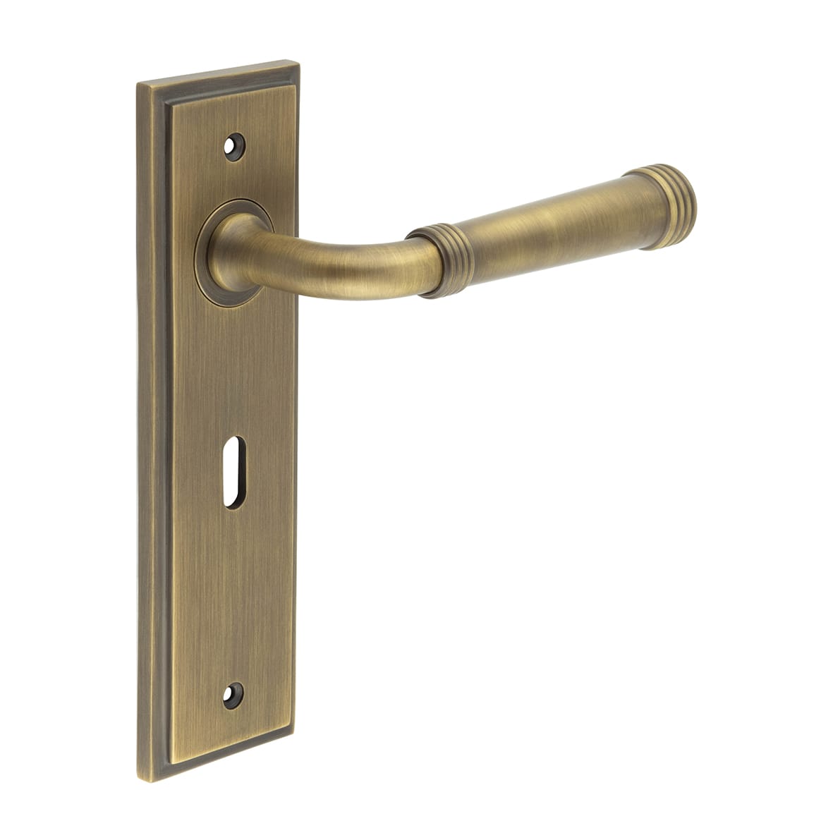 Antique Brass Fire Rated Keyhole Lock Door Handles - Highgate - 200 x 55mm