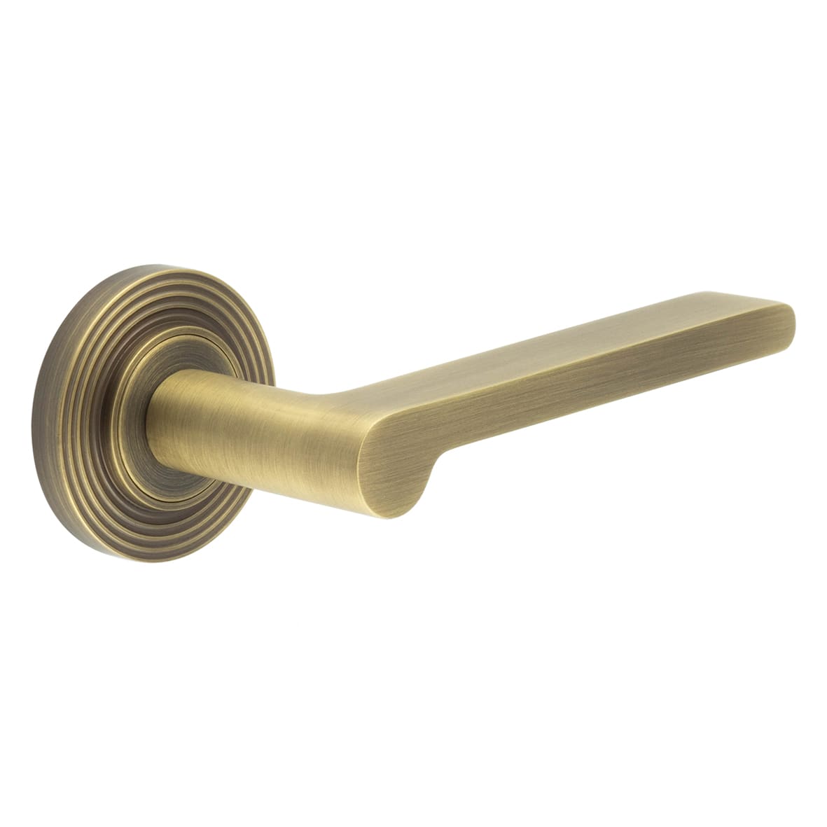 Antique Brass Fire Rated Door Handles on Round Reeded Rose - Fitzrovia Range