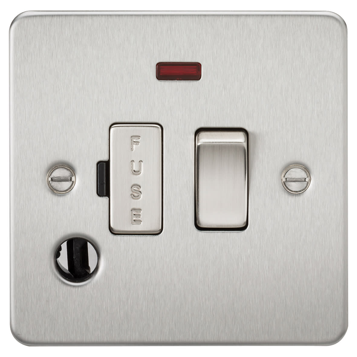 13A 1 Gang Flat Plate Switched Fused Spur with Neon & Flex Outlet - Brushed Chrome