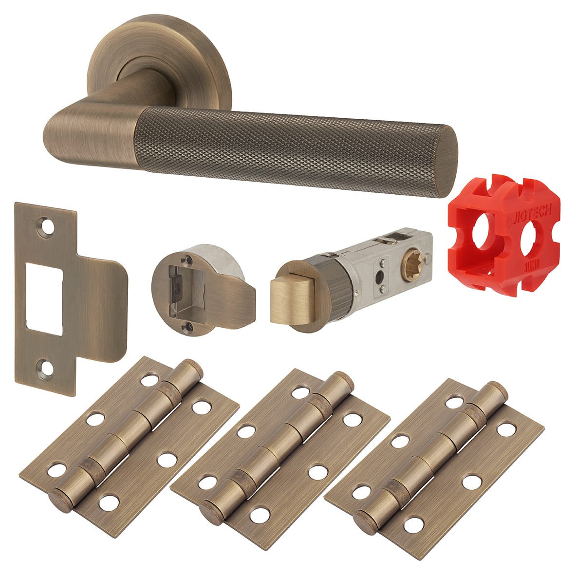Matt Antique Brass Knurled Latch Door Handles on Rose Pack - Passage - Tactil Range