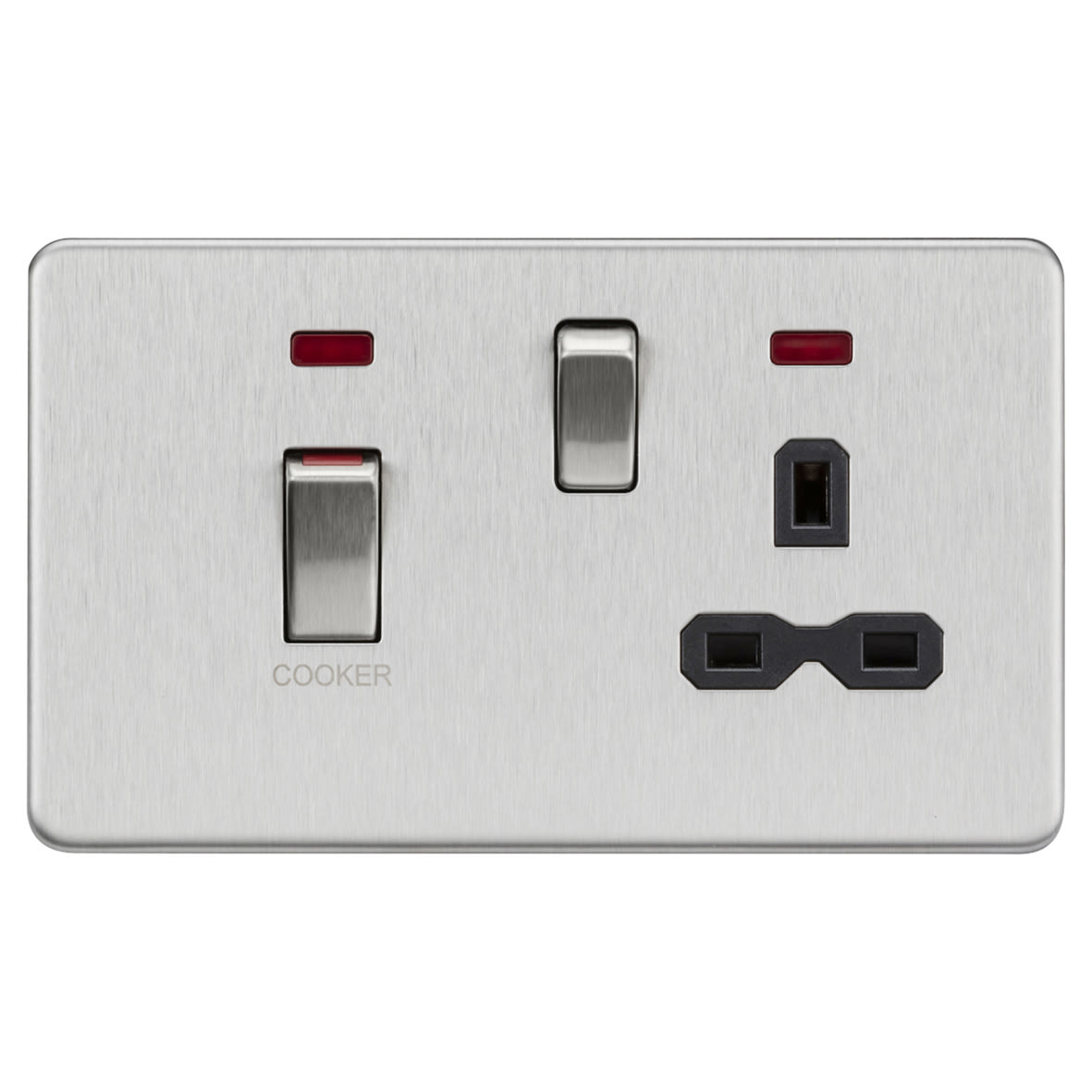 45A 2 Gang DP Cooker Switch & 13A Switched Socket with Neon - Brushed Chrome/Black