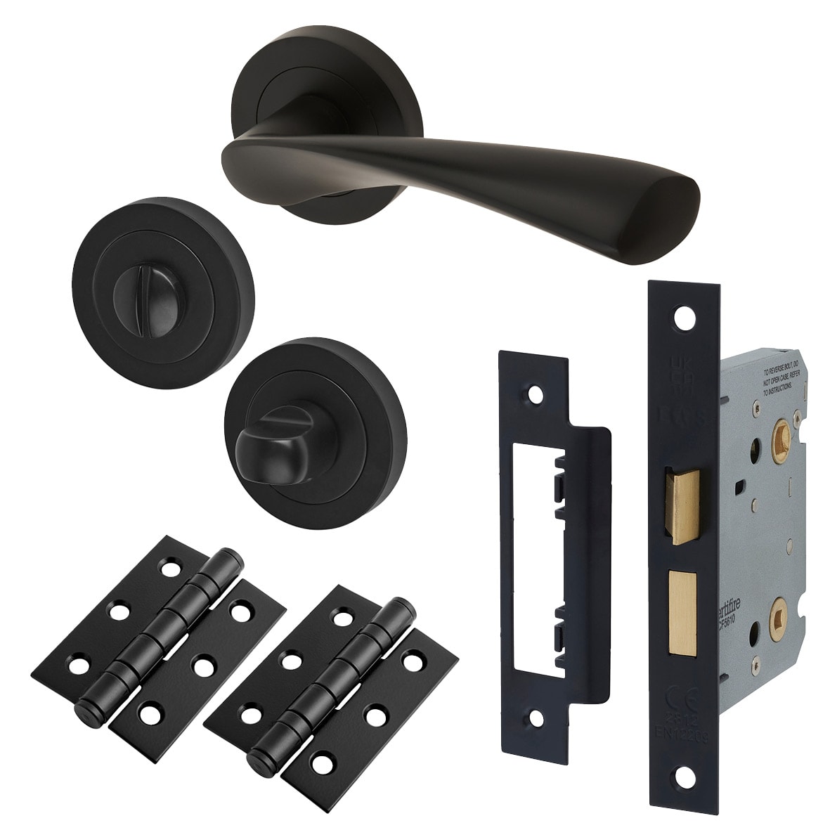 Matt Black Bathroom Lock Door Handles on Rose Pack - Ariel Range
