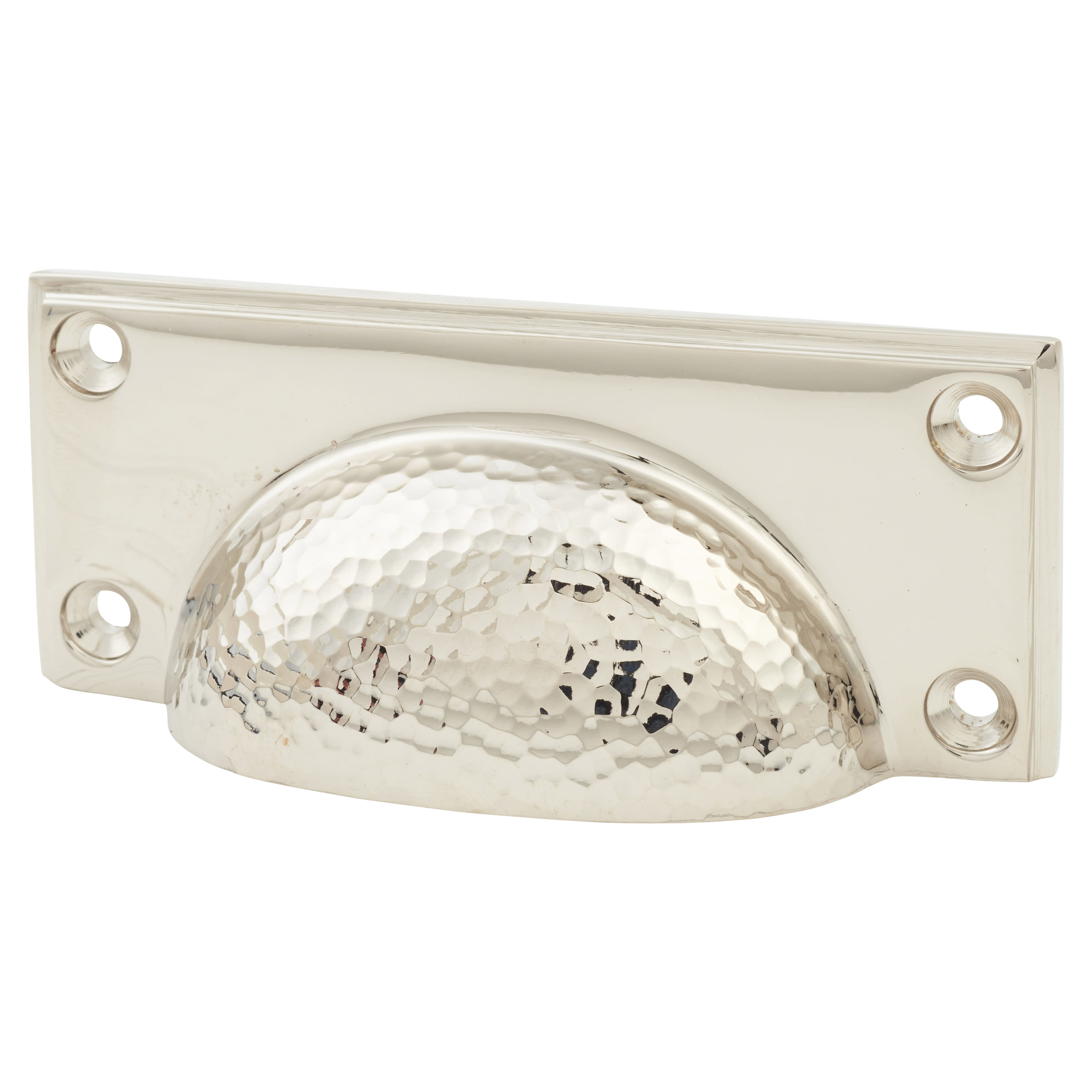 Hammered Art Deco Cabinet Cup Handle - 84mm Centres - Polished Nickel