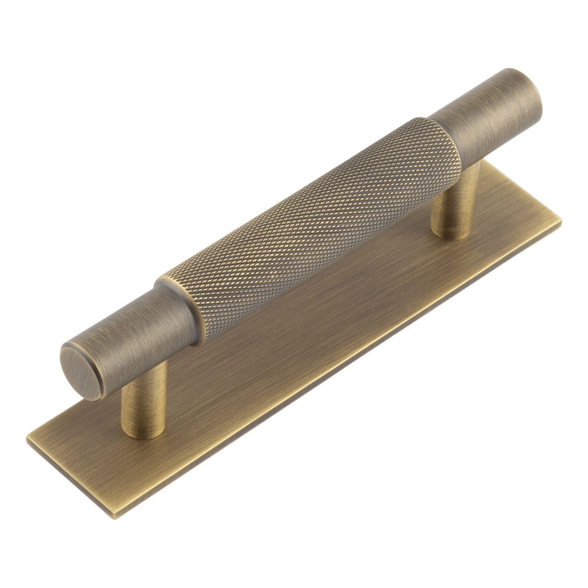 Taplow 18mm Knurled T-Bar Cabinet Pull Handle on Plain Backplate - 96mm c/c - Antique Brass