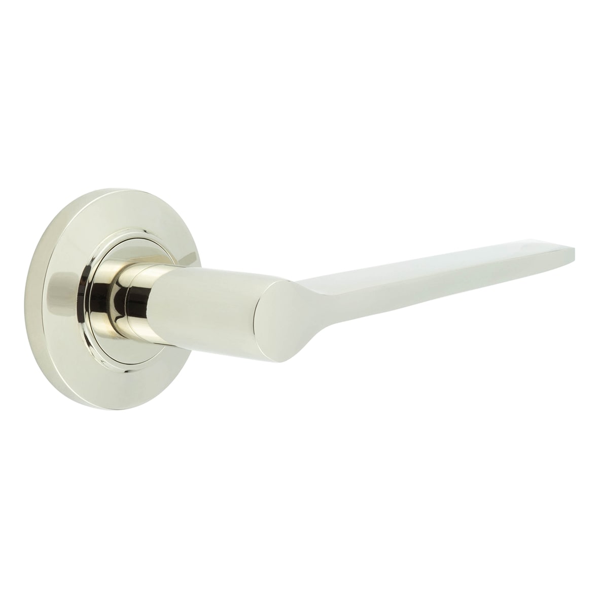 Polished Nickel Fire Rated Door Handles on Round Chamfered Rose - Knightsbridge Range