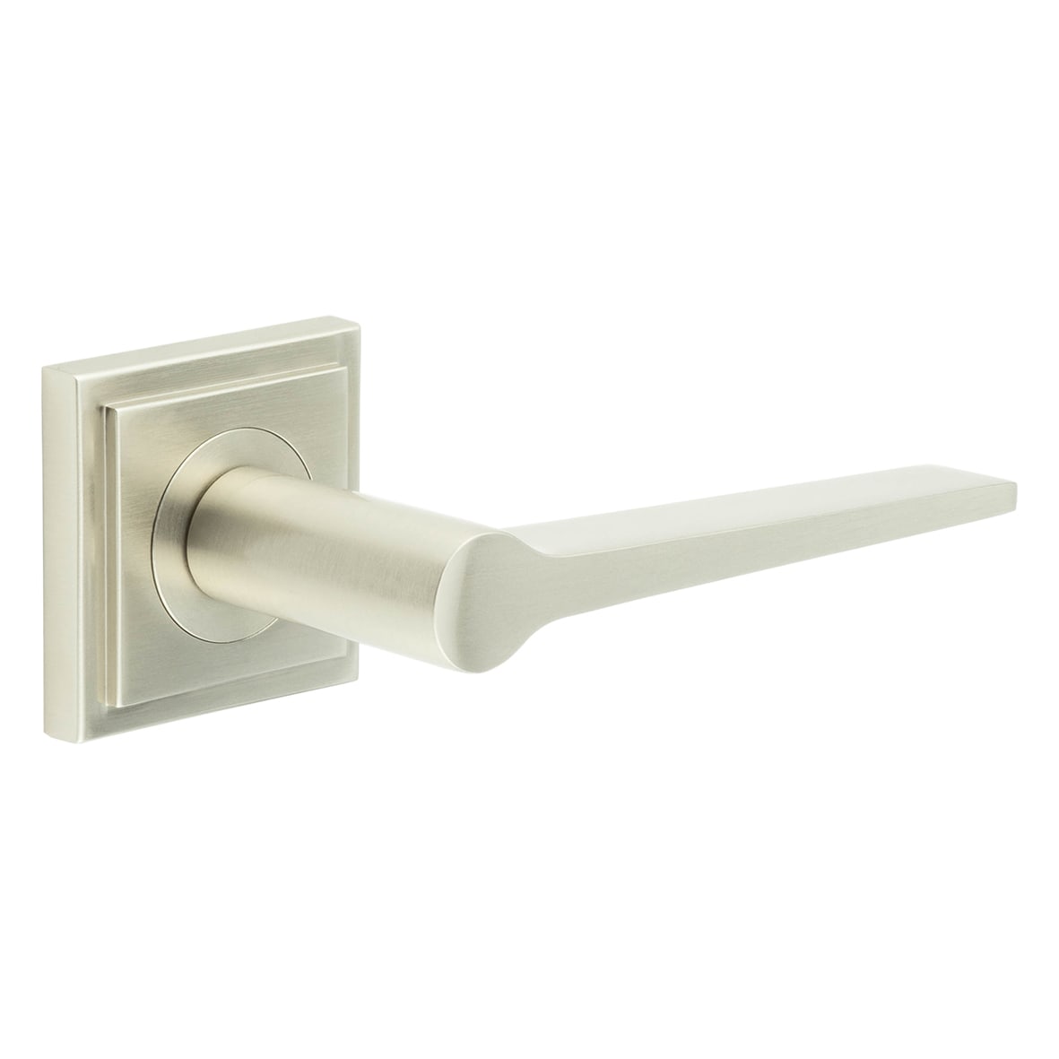 Satin Nickel Fire Rated Door Handles on Square Stepped Rose - Knightsbridge Range