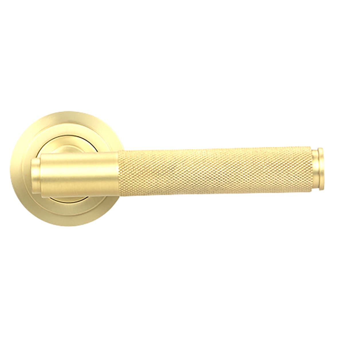 Satin Brass Knurled Door Handles on Round Art Deco Rose - Brompton Range