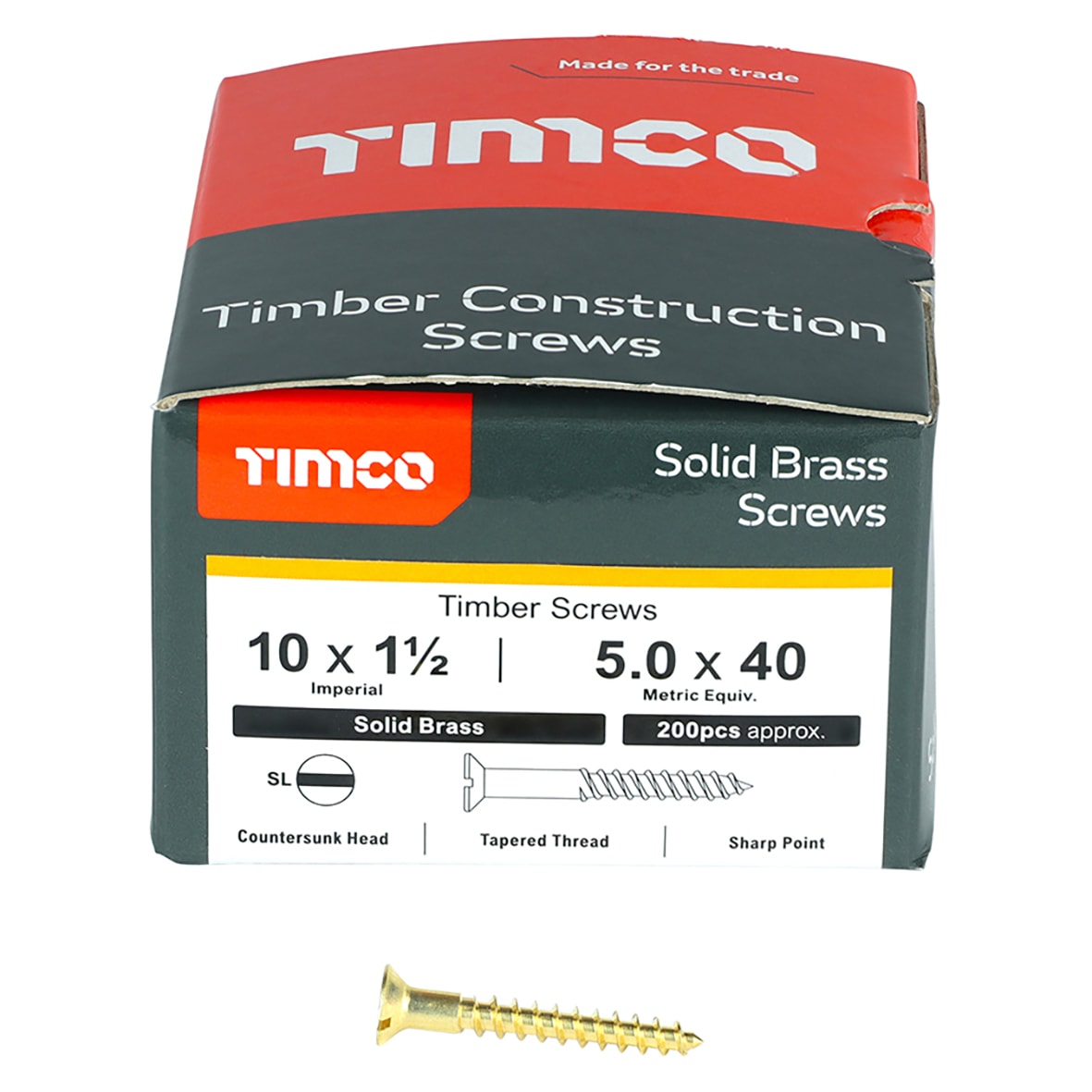 Slotted Countersunk Wood Screws - 10 x 1 1/2" - Solid Brass - Pack of 200