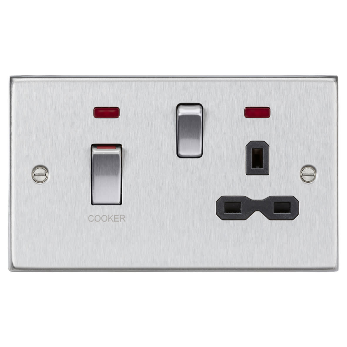45A Square Edge DP Cooker Switch & 13A Socket & Neons - Brushed Chrome & Black Insert
