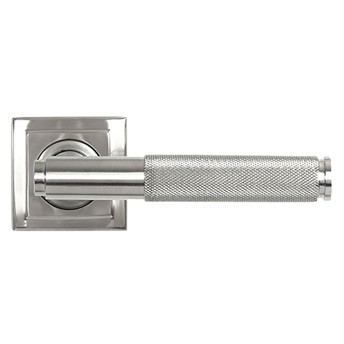 Satin Stainless Steel Knurled Door Handles on Square Rose - Brompton Range