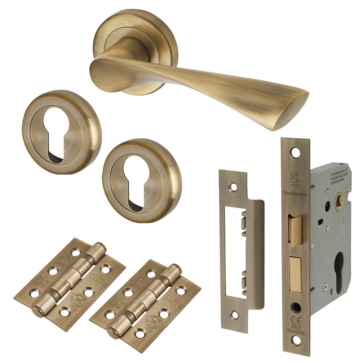 Antique Brass Euro Door Handles on Rose Pack - Knightsbridge Range