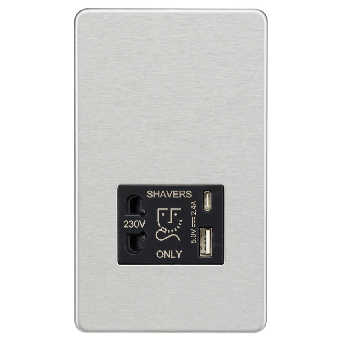 230V Shaver Socket with Type A/C USB Ports - 2.4A - Brushed Chrome with Black Insert