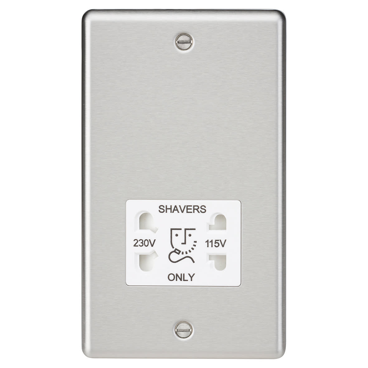 115/230V Round Edge Dual Voltage Shaver Socket - Brushed Chrome with White Insert
