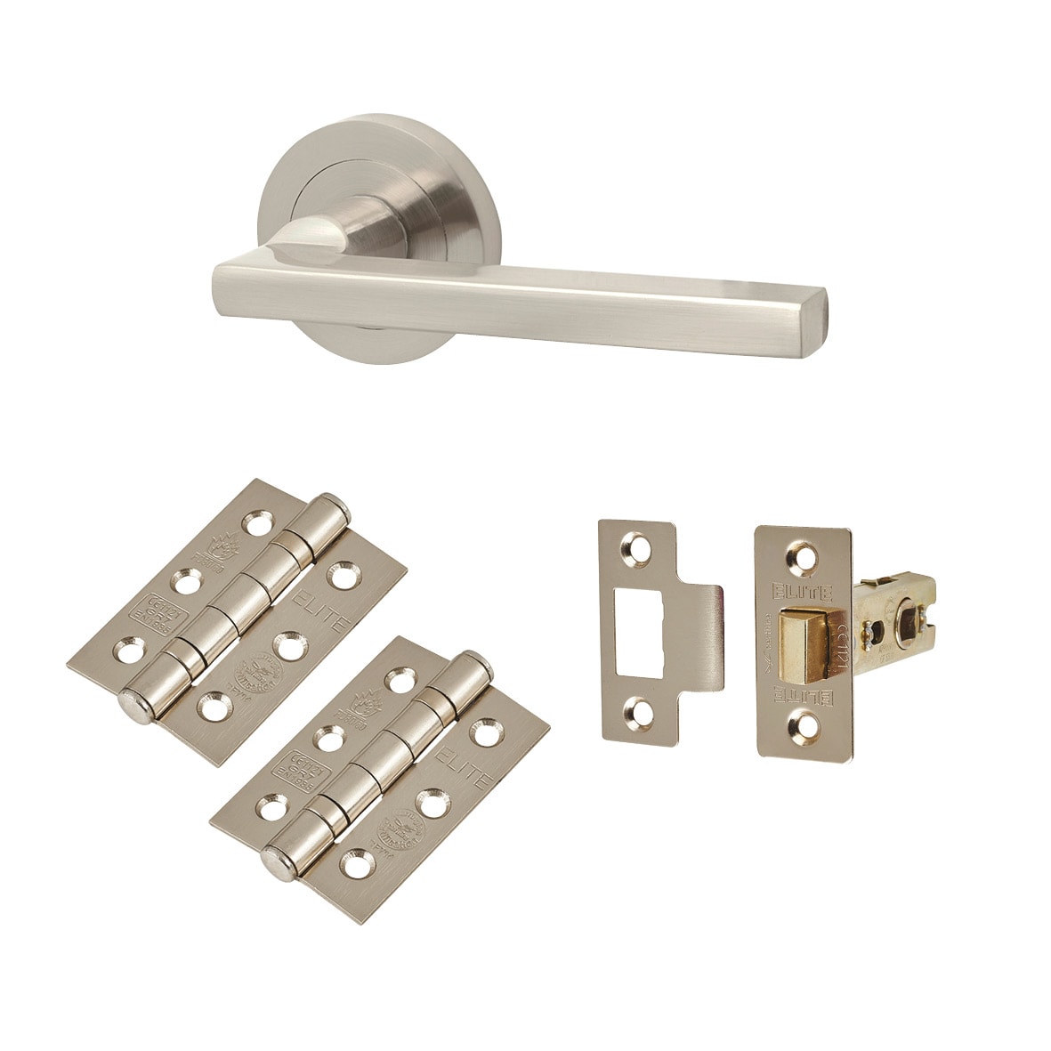 Satin Nickel Latch Door Handles on Rose Pack - Lexi Range