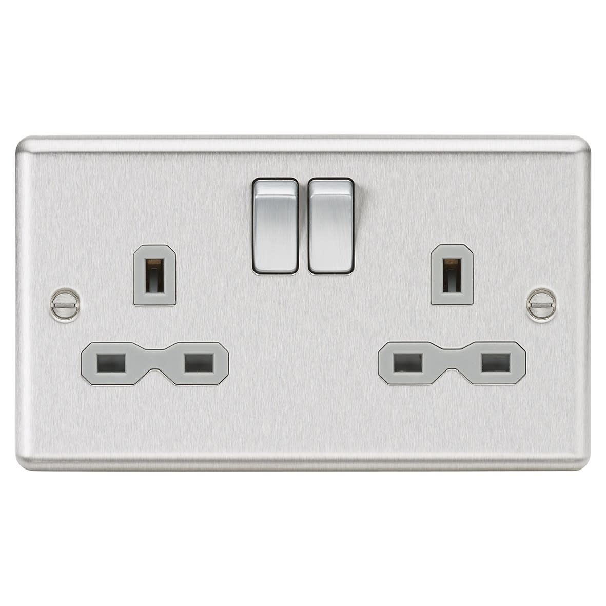 13A 2 Gang DP Switched Socket with Twin Earths - Brushed Chrome with Grey Insert