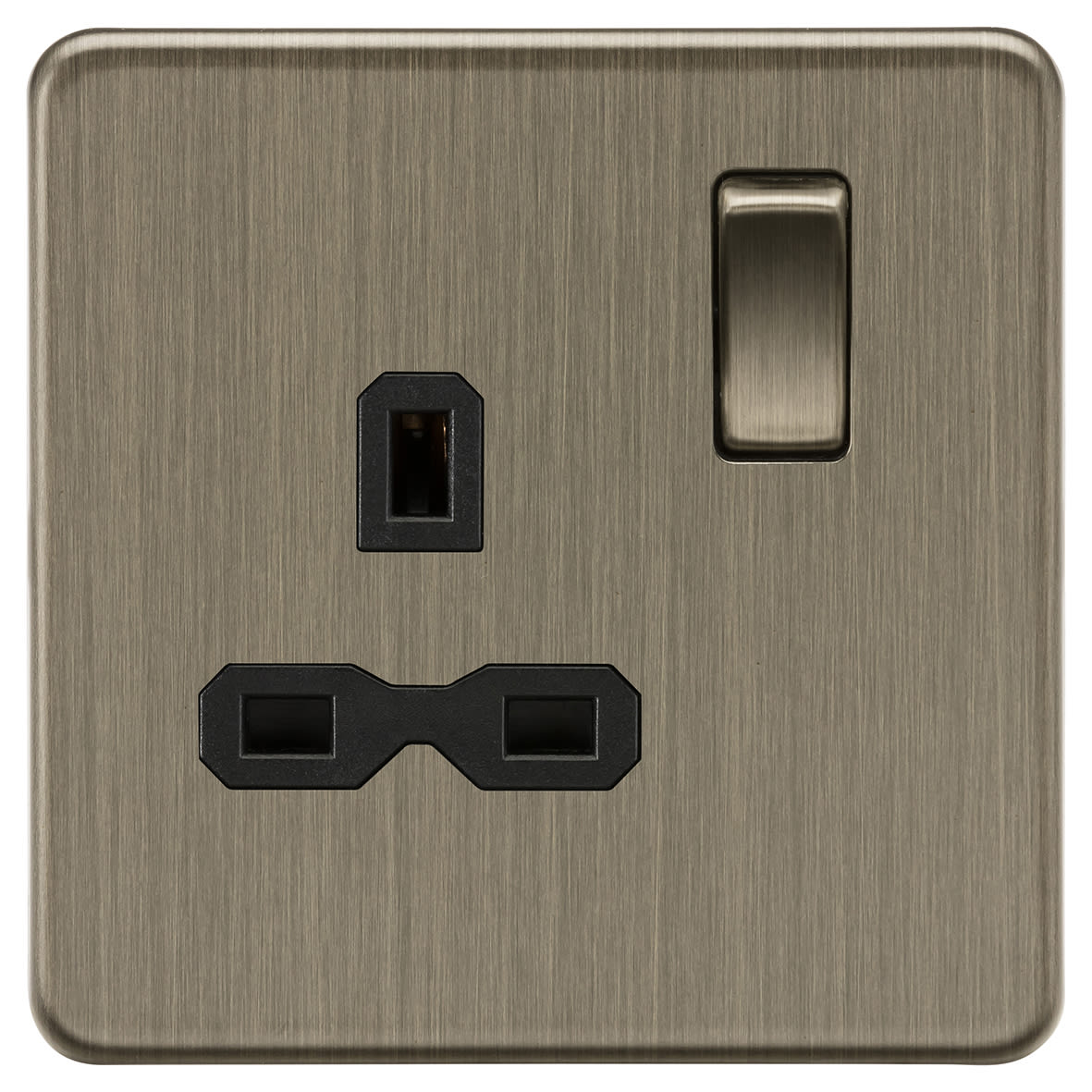 13A 1 Gang Screwless Flat Plate Double Pole Switched Socket - Antique Brass/Black 238252P