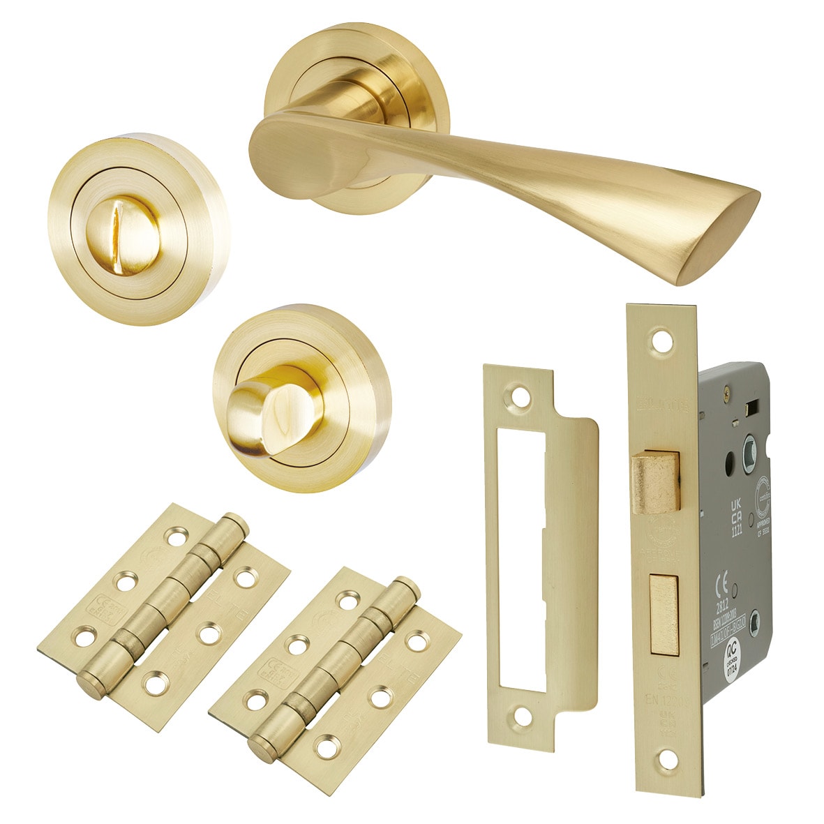 Satin Brass Bathroom Lock Door Handles on Rose Pack - Knightsbridge Range