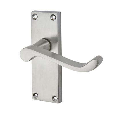 Satin Chrome Budget Scroll Latch Door Handles - Short Plate - Mia Range - 114 x 42mm