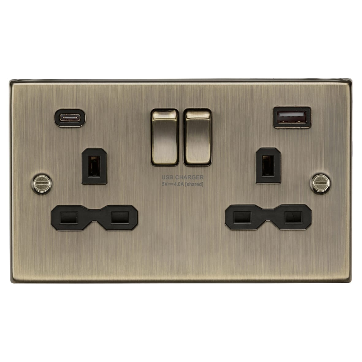 13A 2 Gang Type A/C USB Socket with 2 x USB - 4A - Antique Brass/Black