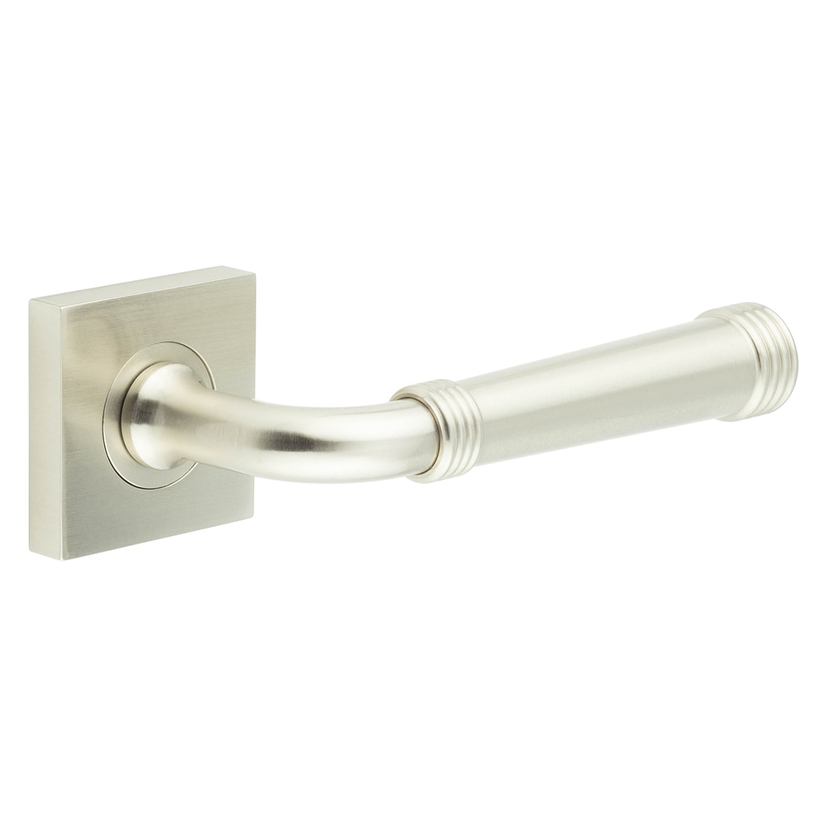 Satin Nickel Fire Rated Door Handles on Square Rose - Highgate Range