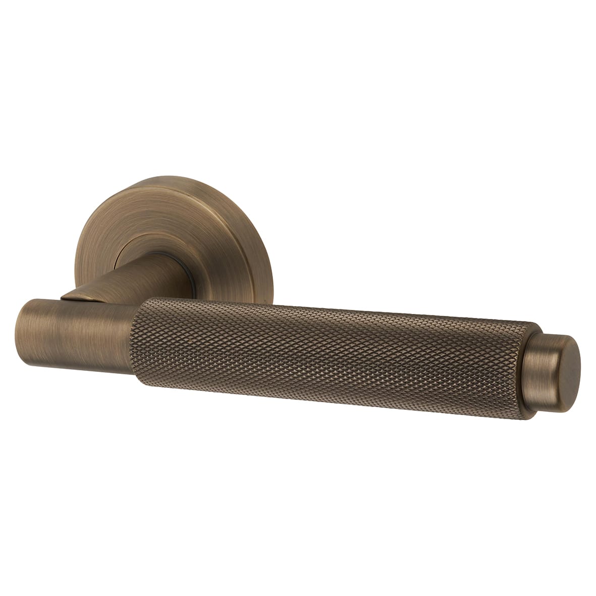 Matt Antique Brass Knurled Door Handles on Round Rose - Textura Range
